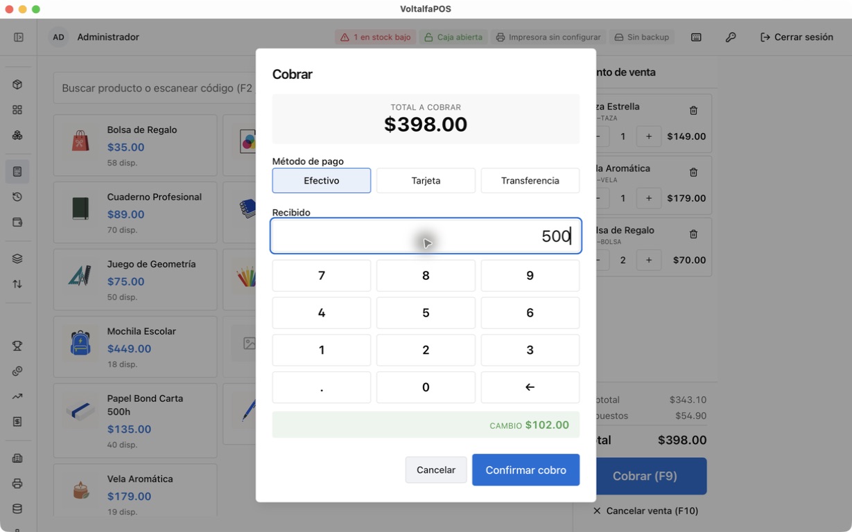 Ventana de cobro con efectivo, tarjeta y transferencia, teclado numérico y el cambio calculado