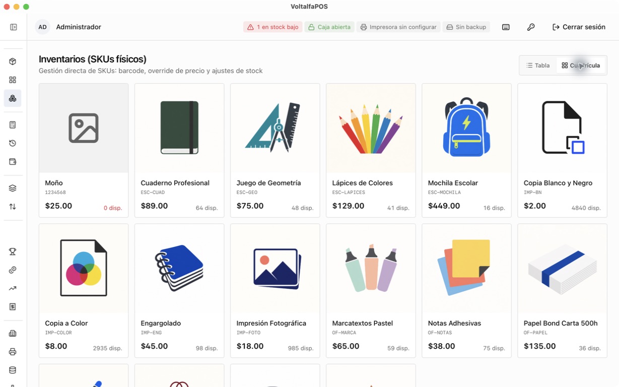 Inventario en cuadrícula con la imagen, el código y las existencias de cada artículo