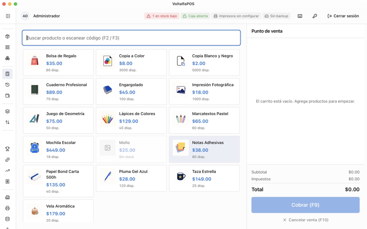 Pantalla de punto de venta de VoltalfaPOS con el catálogo y el carrito