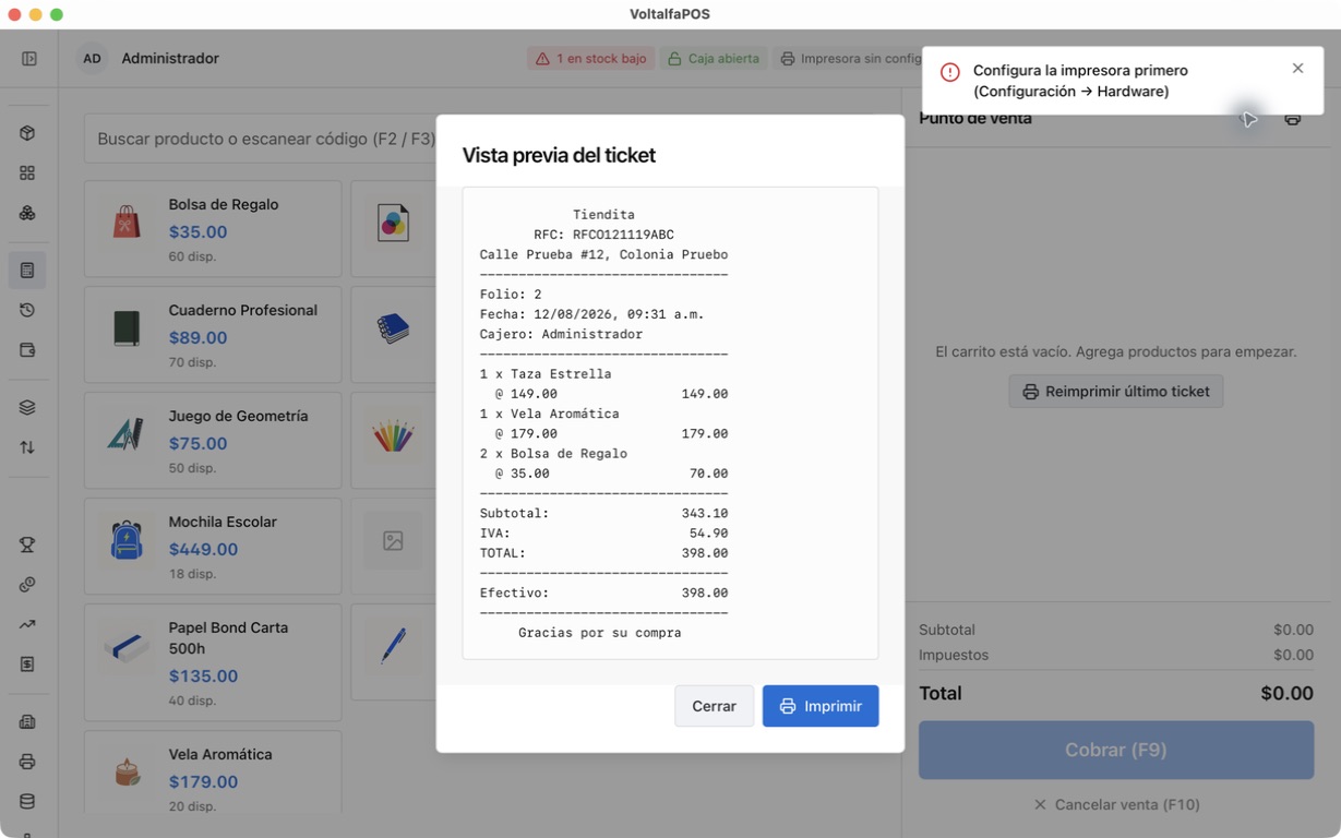 Vista previa del ticket con los datos del negocio, los artículos, el IVA y el total
